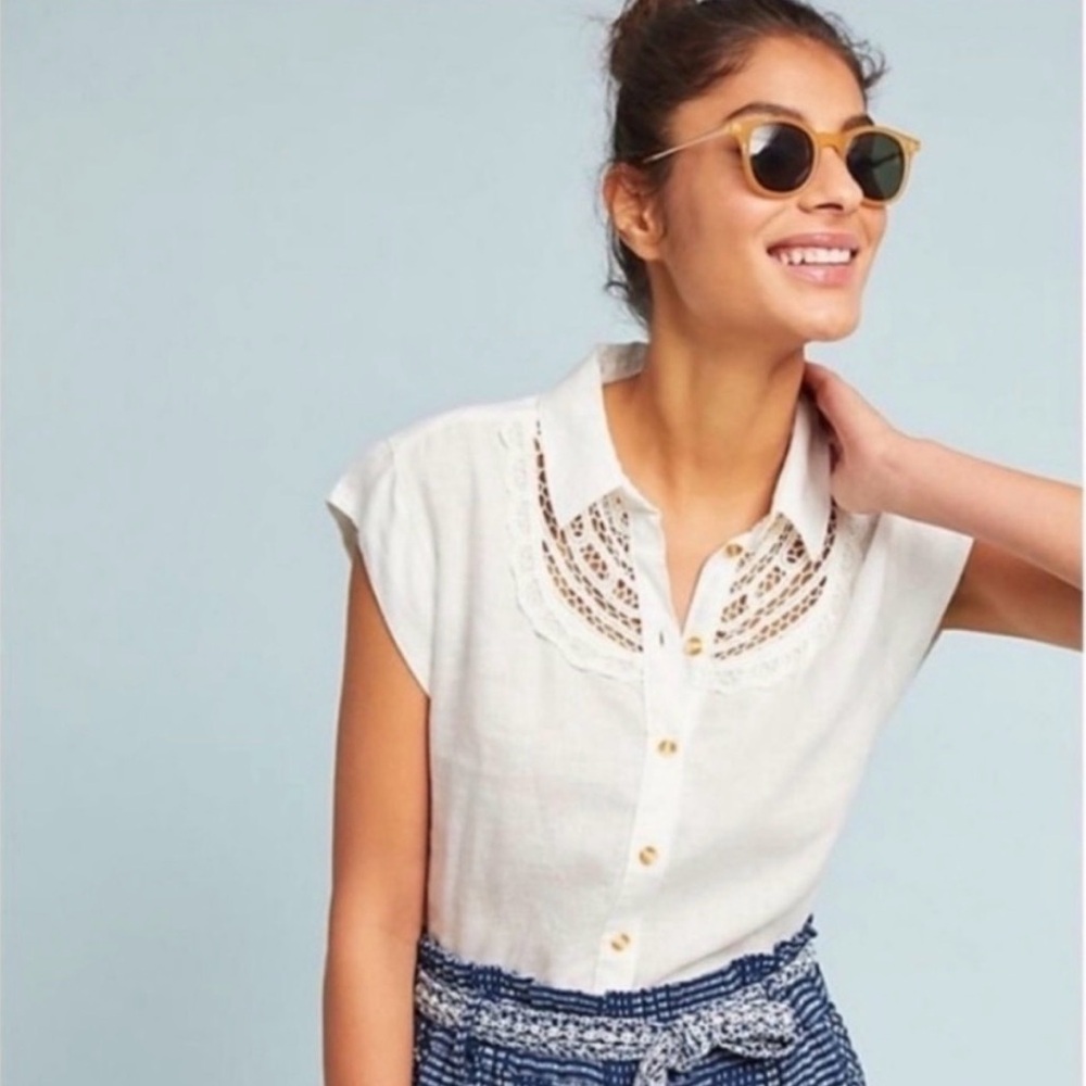 Maeve by Anthropologie linen shirt with beautiful lace detail.